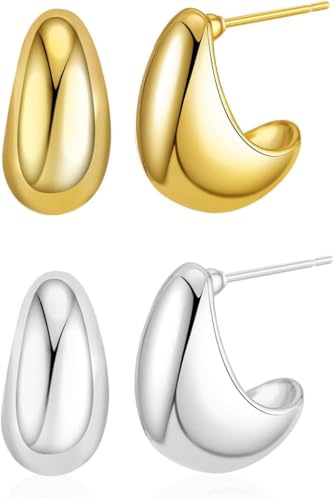 TOEECY 2 Paires Boucles d'oreilles Femme 18K Boucles d'oreilles Or Goutte d'eau Épaisses Plaquées Argent Hypoallergénique Poids léger Bijoux Cadeau pour Femme Fille...