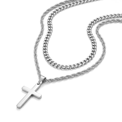 Men's Cross Necklace for Men - Silver Stainless Steel Layered Chain Set with Cross Pendant, Rope and Curb Chain Jewelry Accessories for Husband, Son, Boyfriend
