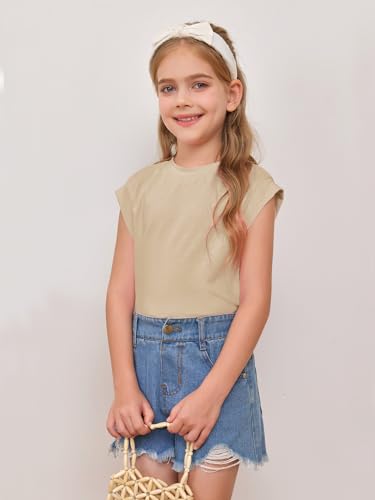 Image of Haloumoning Girls Cap Sleeve Tops Summer Crewneck Tank Tops Cute T-Shirt Blouse 5-14 Years