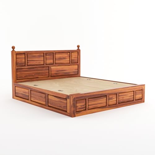Image of Sheesham Wood Queen Size Bed with Storage Box | Wooden Box Bed Queen Size Double Cot Bed with Storage for Bedroom | Premium Lattu Design Headboard Bed for Living Room | Honey Finish