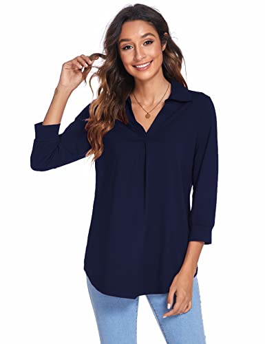Newchoice Womens Collared V Neck 3/4 Sleeve Shirts Business Casual Tops Loose Work Blouses (S-3XL)2