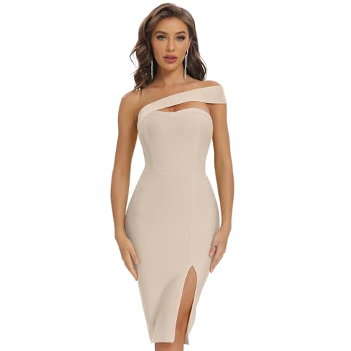 Image of Women's One Shoulder Bandage Dress for Women Wedding Guest Cocktail Party Midi Dress