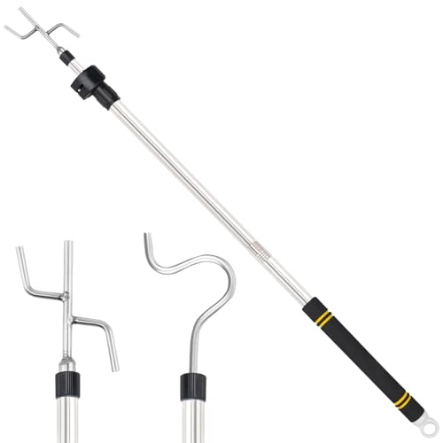 Greeily Clothes Hanger Reaching Hook, High Reach Garment Hook Telescopic Adjustable 37" to 63" for Hanging Clothes Plants Bird Feeders Christmas Light Pole Stainless Steel Material with 2 Long Hooks