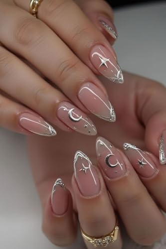 Faux Ongles Court MouyouGlow,Amande Nude Argent French 3D Etoiles Lune Design Short Press on Nails,Natural Silver Tips Stars Moon Sweet Été INS Fake Nails...