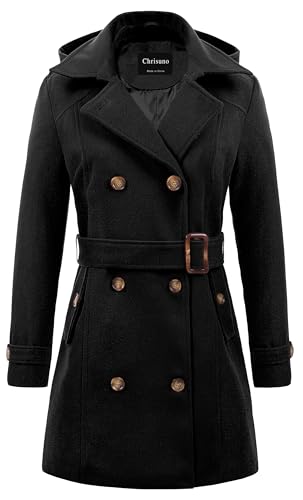 Chrisuno Women's Double Breasted Pea Coat Hooded Long Winter Trench Coat