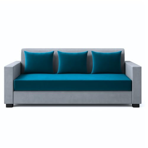 Image of Furny Lexman 5 Seater Fabric 3+1+1 Sofa Set (Aqua Blue-Light Grey) | Soft Velvet Fabric | Modern Design | Comfortable Seating | Living Room Furniture