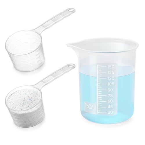 150ml Silikon Waschmittel Dosierhilfe mit 2 Stück 50ml Messlöffel Waschpulver Dosierer Messbecher Flüssigwasch Waschkugel Dosierlöffel mit Skala für Flüssigwaschmittel Badezimmer Zuhause