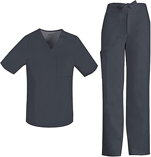 Luxe Men Scrubs Set Tuckable V-Neck Top 1929 & Fly Front Cargo Pant 1022 (Pewter L / L)