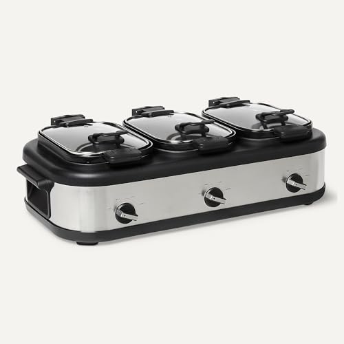 Image of Amazon Basics Triple Slow Cooker with Ceramic Non-Stick Coating and Temperature Controls, 3 x 2.5 Quarts, Stainless Steel