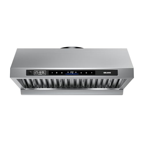 Image of BRANO Under Cabinet Range Hood, 1200 CFM DC Motor Kitchen Hood with 6 Speeds Fan, Stainless Steel Ducted Vent Hood with Voice /Gesture /Touch Control & Memory Mode (36 Inch)