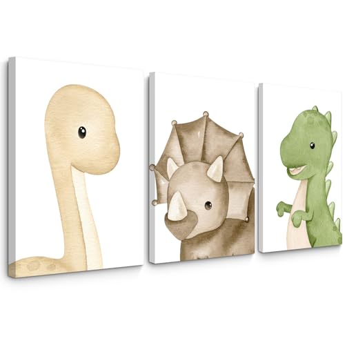 Image of Dinosaur Wall Art Kids Boys Room Canvas Wall Decor Dino Nursery Wall Art Pictures Baby Dinosaur Poster Prints for Boys Bedroom Bathroom 16x24 Inch Framed Set of 3