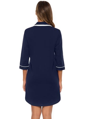 COLORFULLEAF Women's 100% Cotton Nightgowns 3/4 Sleeve V-Neck Sleep Shirt Soft Button Down Pajama Dress4