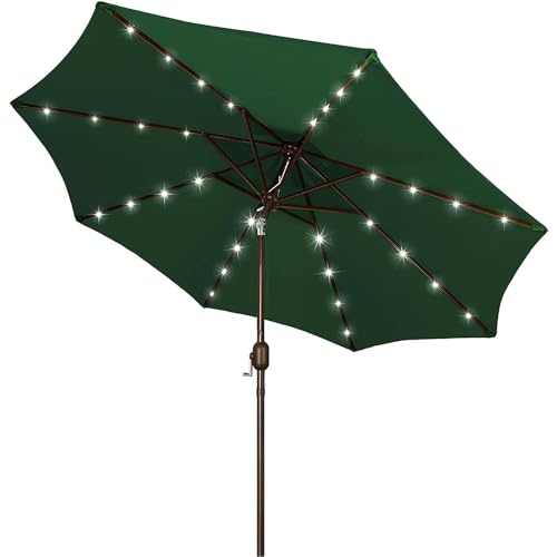 Image of Blissun 9 ft Solar Umbrella, 32 LED Lighted Patio Umbrella, Table Market Umbrella, Outdoor Umbrella for Garden, Deck, Backyard, Pool and Beach (Dark Green)