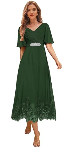 Tea Length Mother of The Bride Dresses for Wedding V Neck Lace Chiffon Formal Evening Dresses with Sleeves
