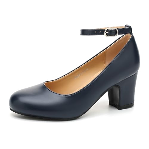 Women's Ankle Strap Closed Round Toe Pumps Low Chunky Block Heels Comfort Wedding Party Dress Evening Shoes Navy Matte 38-7US