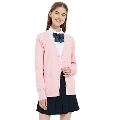 Image of Blostirno Women's Cardigan School Uniform Sweater Cardigans V-Neck Long Sleeve Button Down Knit with Pockets