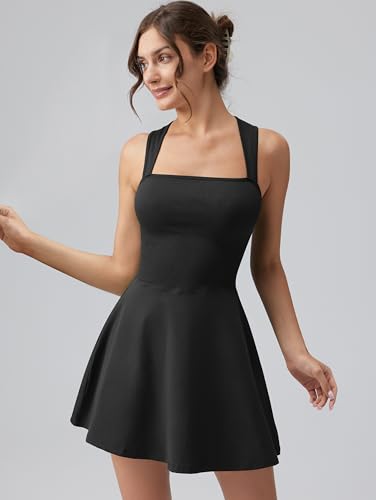 OQQ Women's Square Neck A-line Dress Sleeveless Tank Top Stretch Flare Mini Dresses3