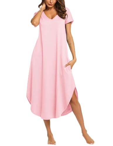 Ekouaer - Camisón de manga corta para mujer, cuello en V, informal, tallas S-XXL - Rosa - S