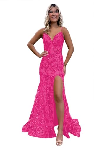 Image of RSOETOO Sparkly Sequin Prom Dresses 2026 with Slit Lace Mermaid Formal Evening Gowns for Women RON058