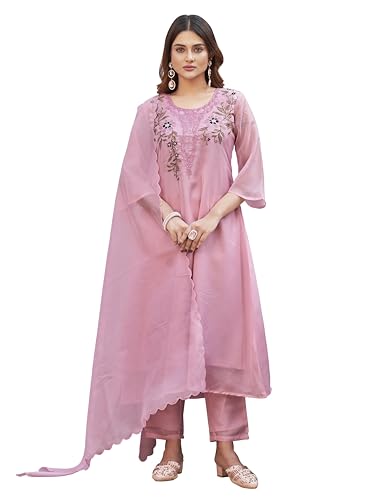 Womanista Women's Organza Kurta With Trouser & Dupatta (Kurtaset_1441_Baby Pink_2Xl)