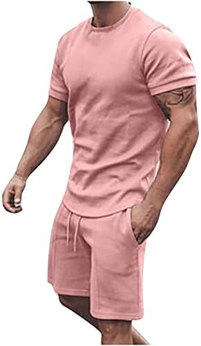 Casual Sport Set For Mens Two Piece Suit Solid Short Sleeve Fit Tee Shirts Short Sweatpants Set Fashion Pure Color