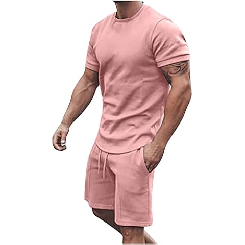Men 2 Piece Casual Short Sleeve Tee Shirts and Fit Sport Shorts Set Men's 2pcs Crewneck T-Shirt Sports Shorts Set Pink L Cover