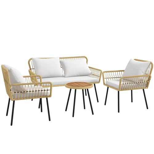 Outsunny Salon de Jardin extérieur 4 pièces mobilier de Jardin canapé 2 Places 2 fauteuils avec 7 Coussins 1 Table Basse Ronde, résine tressée