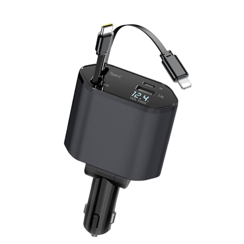 Cargador de Coche USB C 120W, Cargador Mechero Coche 4 en 1 con 2 Cables Retráctiles USB C y 8 Pines, Carga Rápida para Móvil, Tablet, GPS, 12V/24V