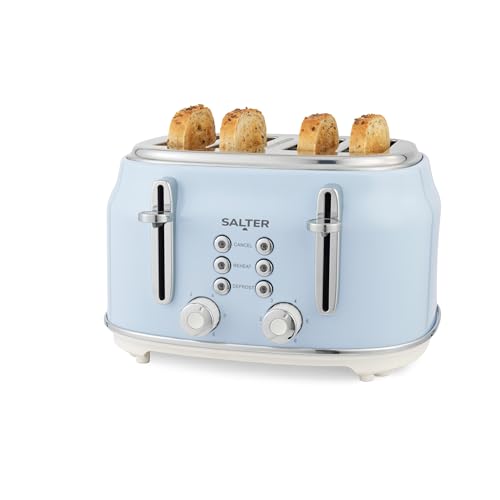 Salter Retro Blue 4-Slice Toaster – ­Wide Slots, 6 Browning Levels, Defrost, Reheat, Cancel Functions, Removable Crumb Tray, Extra Thick Bread/Bagels, High-Lift Eject, Self-Centring, 1630W