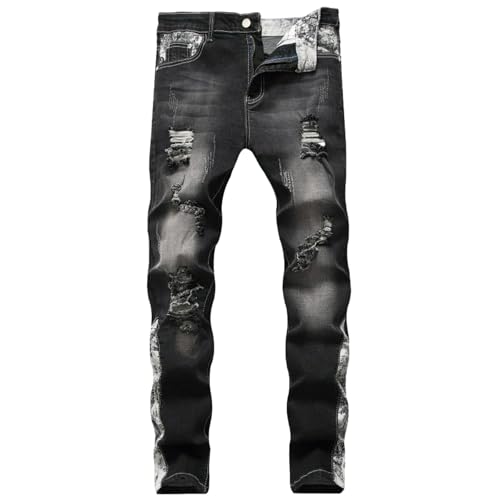 Jeans Pants Trousers Denim Trendy Street Tear Hole Retro Splicing Blue Black Stretch Elastic Slim Casual Straight Leg for Men