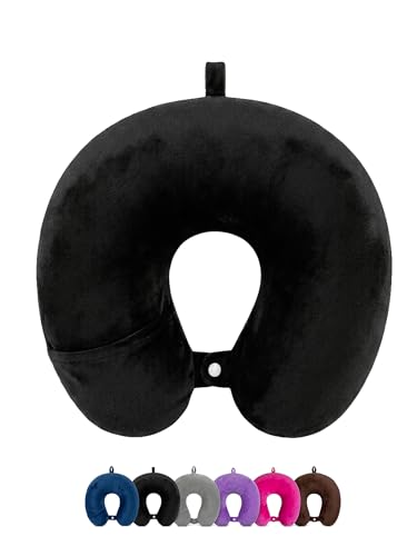 Image of Ultra Soft Premium Travel Neck Pillow with Hanging Loop Snap Button Closure for Home Office and Airplane Flight, Bus, Car, Train Travelling Use [Black] (Pack of 1)
