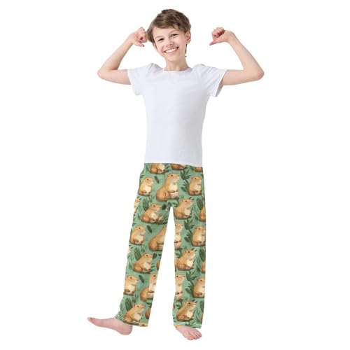 Boys' Pants Brown Capybaras Green Leave Long Bottoms Jogger Pants Elastic Waist Trousers with Pockets S-XL2