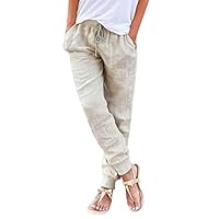 Pantalon Lin Femme Décontracté Été Coton Taille Haute Pantalon De Jogging avec Cordon de Serrage Baggy Confortable 7/8 Pantacourt Été Léger Pants Pantalons de Plage avec Poches