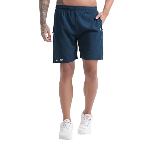 Image of BLUE STAR SHARK Athletic Sports Shorts for Men with Zip Pockets and Elastic Waistband Quick Dry Lightweight Activewear Combo - Pack of 2 (Color: Airforce and Grey, Size:XL)