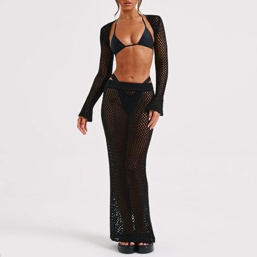 Crochet Knit 2 Piece Skirt Set for Women Long Sleeve Knit Top Hollow Out Bodycon Skirt Set Beachwear Streetwear2