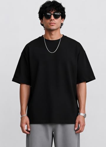 Image of PeaceOut Oversized T Shirt for Men | 240 GSM Heavyweight Cotton T Shirt | Drop Shoulder Oversized Tshirt for Men | Baggy Loose Fit Streetwear Round Neck Half Sleeve Casual Wear