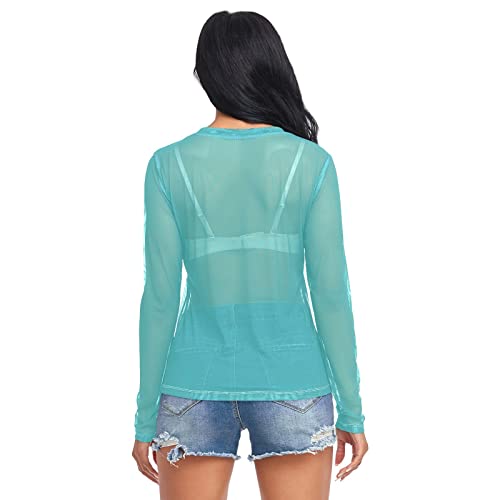 Women Sexy See Through Mesh Shirt Long Sleeve Sheer Tee Top Elastic Bodycon Party Blouse Cover Ups Clubwear Swimwear Beach4