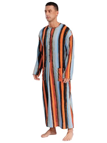 Jhaoyu Muslim Clothing for Men Striped Long Gown Long Sleeves Button-up Nightshirt Abayas with Pockets4
