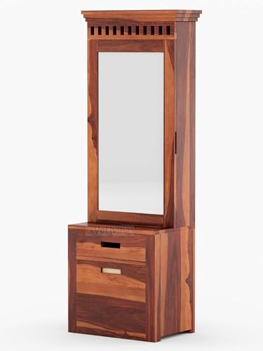 Image of VeLivings Solid Wood Wooden Dressing Table for Bedroom with Drawer, Mirror and Large Storage Space with Stool | Long Dresser Table with Mirror (Honey Finish)