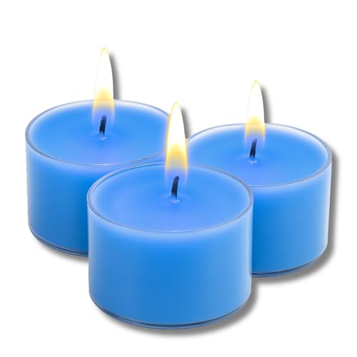 Candelo XXL Duftteelichter Wellness 12er Set aus Sojawachs – Meerblaue Jumbo Teelichter, frischer zitrisch-aquatischer Duft, 8h Brenndauer, Ø 3,7 cm, Höhe 2,7 cm – Duftkerzen