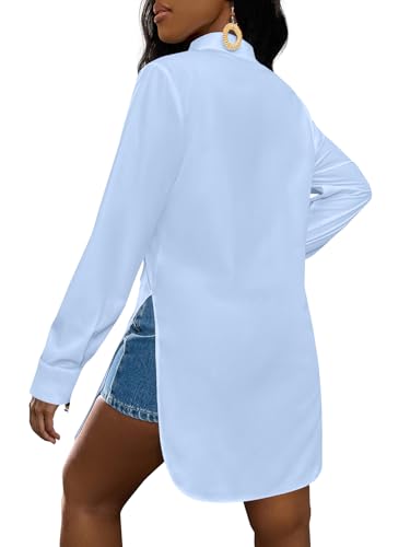 Image of LYANER Women's Collar Neck Long Sleeve Button Down Shirts Sexy Split Hem Tops Long Blouse Shirt Dress