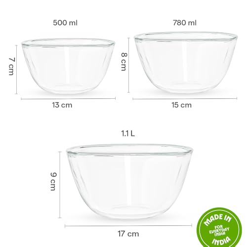 Image of Borosil Square Shape Serving & Mixing Bowl | Borosilicate Glass Bowl for Kitchen & Dinning | Bowl for Mixing Dough, Salad, Batter | Microwave & Dishwasher Safe | Transparent (500ml + 780ml + 1.1 L)