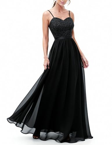 DRESSTELLS Abendkleider Elegant für Hochzeit Schwarz Festlich Ballkleid Damen Lang Brautkleid Standesamt Brautjungfernkleider mit Spaghettiträger...