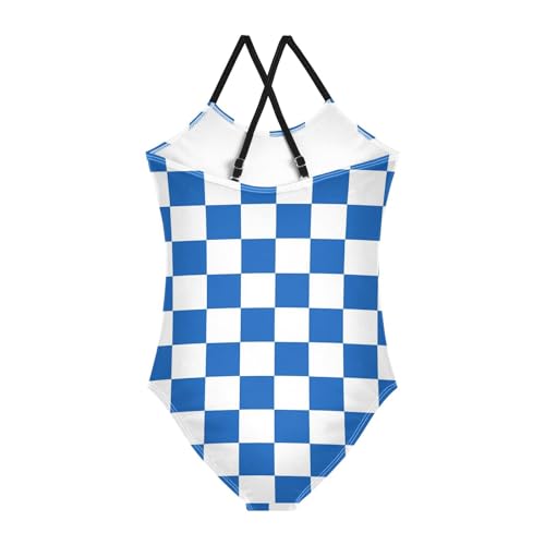 Image of Black and White Chess Girls One Piece Swimsuits Board Marble Tile Sport Halter Swimwear Beach Bathing Suit 3T