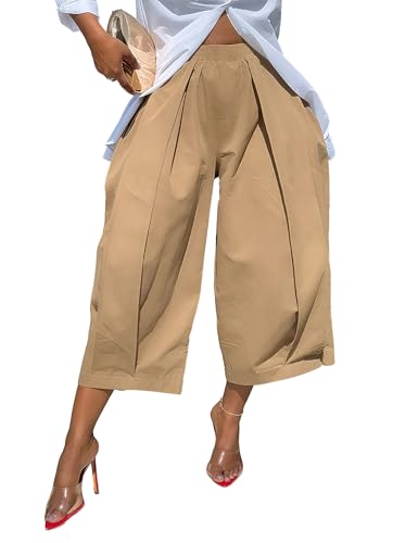 oshoplive Womens High Waisted Wide Leg Cropped Pants Loose Fit Ankle Palazzo Trousers for Women with Pockets Casual Summer Wear Khaki L