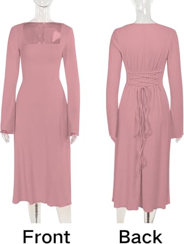 Image of Shasmi Women's Square Neck A-Line Dress - Long Sleeve, Tie Waist, Knitted Stretchable, Casual & Office Outfit, Solid Winter Midi Dress for Women (Dress 221)