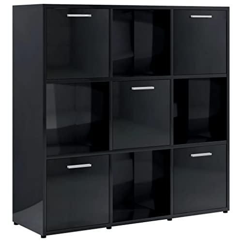 Bigbarley Modern Stylish Bookcase, 9-Shelf Cube Book Cabinet With 5 Doors, Storage Organizer For Bedroom, Living Room And Home Office High Gloss Black 35.4"X11.8"X35.4" Engineered Wood #TOP3