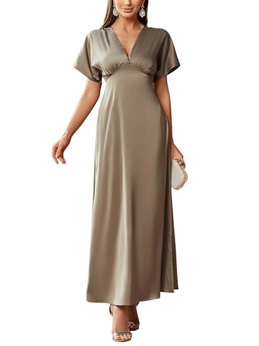 Women's 2025 Satin Dress Elegant Deep V Neck Flutter Sleeve A-Line Gown Cocktail Party Maxi Dresses