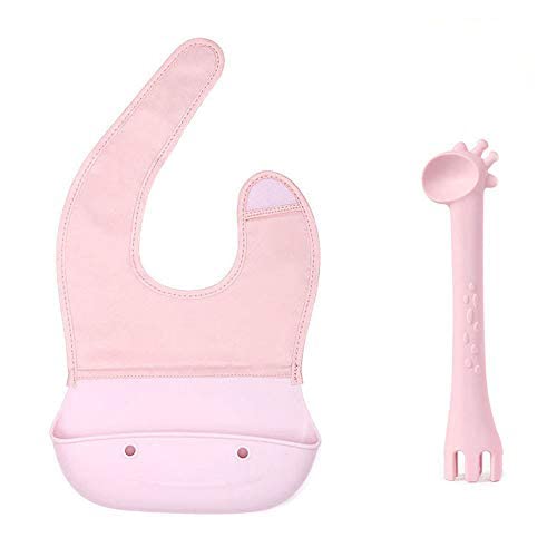 iKiKin Bavoirs Impermeable en Silicone+ Cuillère D'entraînement pour Bébé, Bavoir étanche Bebe (Rose) Cover