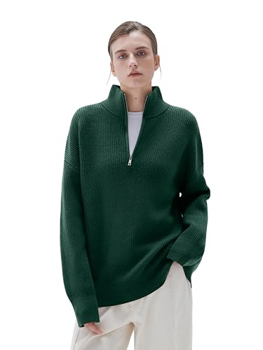 Image of SUUKSESS Women Cashmere Blend Oversized Quarter Zip Pullover Sweater Long Sleeve Collared Ribbed Knit Jumper Tops